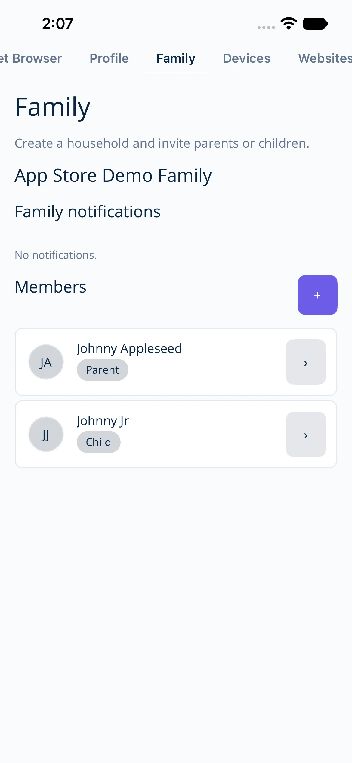 Bucket Browser on iOS showing the App Store Demo Family and its parent and child profiles