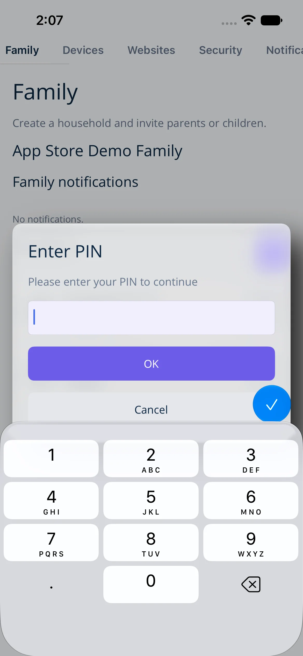 Bucket Browser on iOS asking for a parent PIN before opening a protected area